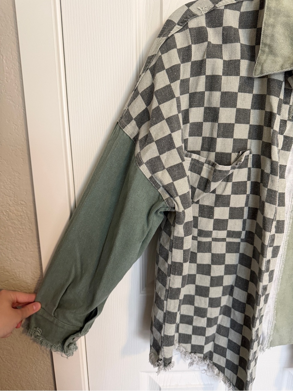 Davi & Dani Green Checkerboard Grunge Denim Oversized Jacket Size S Streetwear - Picture 3 of 7